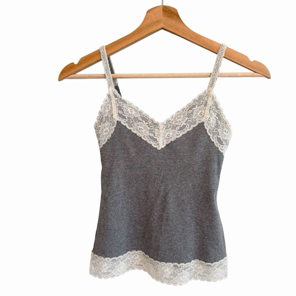 Abercrombie & Fitch Y2K Lace Trim Cami Size XXS Ribbed Coquette Fairy Grunge